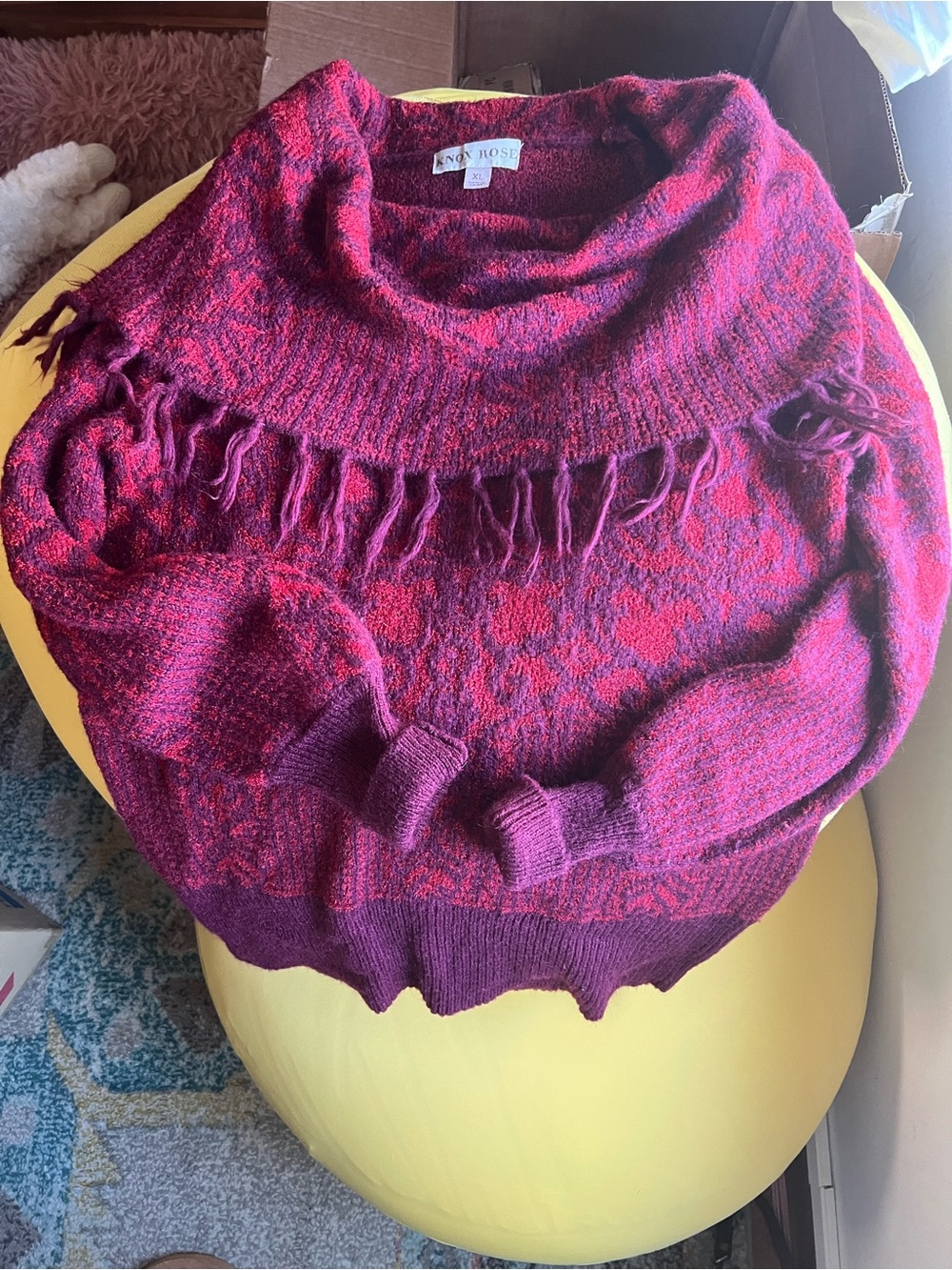 Knox Rose Burgundy and Red Cowl-Neck Sweater with Fringe